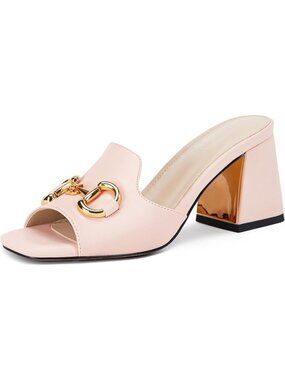Women's Light Pink Sandals Peep Toe Slides Chunky Heel Mules Single Band Shoes